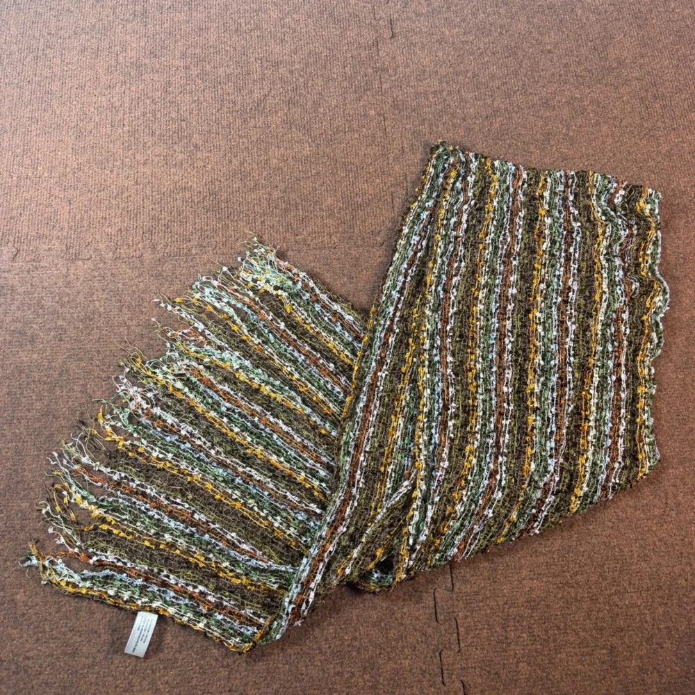 Boho Multi Color Striped Open Knit Fringe Scarf Earth Tones Retro Mesh Accessory